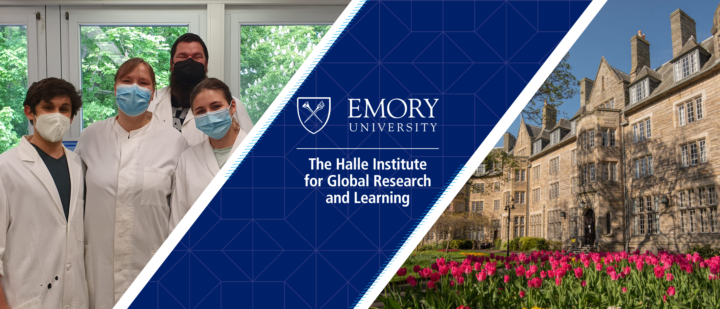 header image with Halle Logo, a group of researchers, and a picture of a partner university